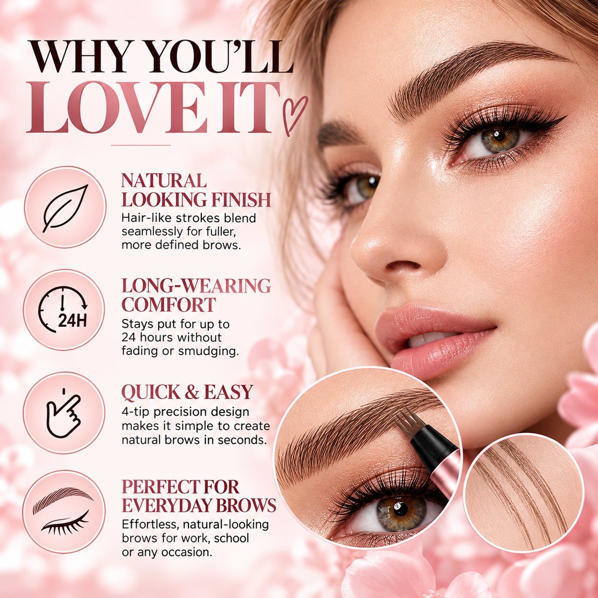 4-Tip Waterproof Eyebrow Pen | Natural Hair-Like Strokes